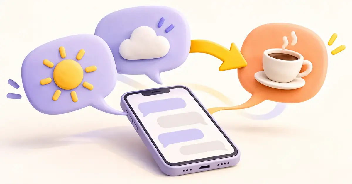 スマートフォンから浮かぶ天気とコーヒーの吹き出しを矢印でつなぎ、チャットで話題を切り替える様子を表したイラスト。