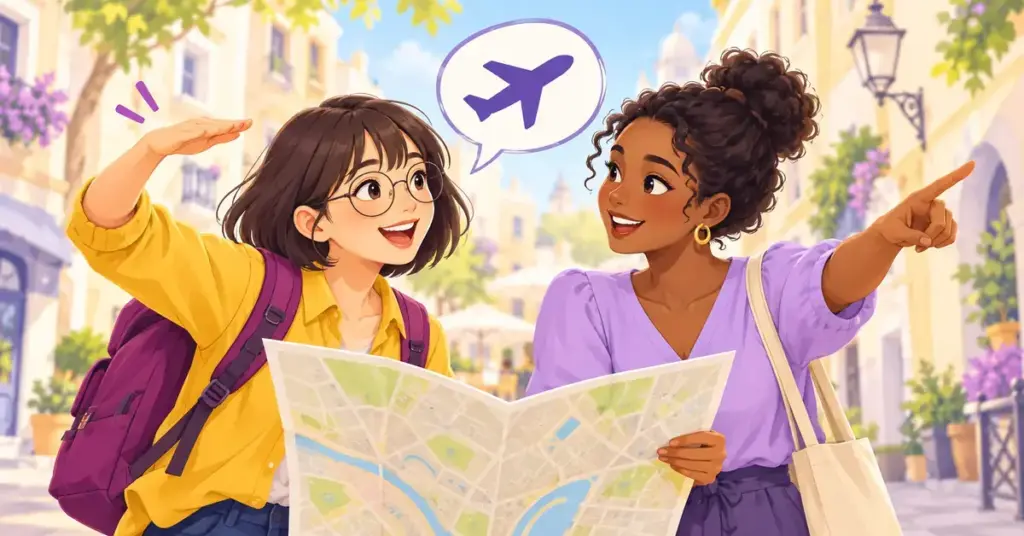 海外の街で地図を広げた旅行者が飛行機を表す身ぶりで話しかけ、現地の人が笑顔で道を案内するイラスト。