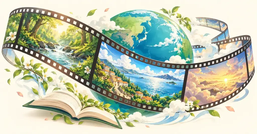 森や海辺、空の風景を映した映画のフィルムが地球を囲み、開いた本とともに物語が世界へ広がる様子を表したイラスト。
