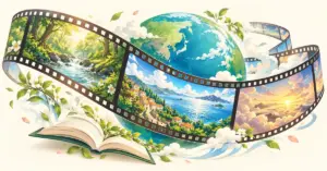 森や海辺、空の風景を映した映画のフィルムが地球を囲み、開いた本とともに物語が世界へ広がる様子を表したイラスト。