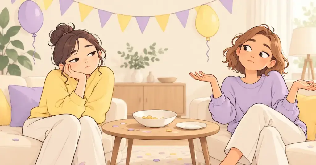 風船やガーランドで飾られた部屋で、盛り上がらないパーティーに退屈そうな表情を浮かべる二人のイラスト。