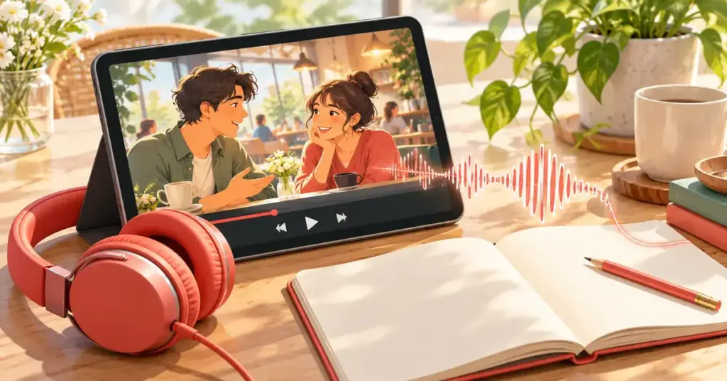 タブレットに映る会話シーンと赤いヘッドホン、開いたノートを並べ、動画を使った英語のリスニング学習を表したイラスト。