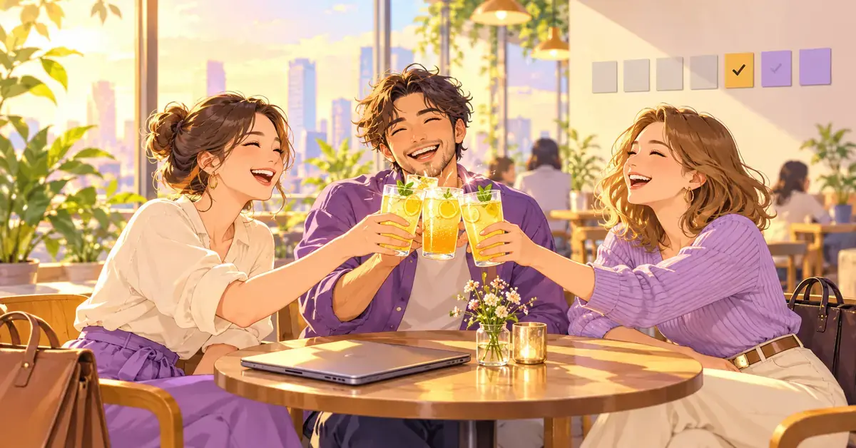 金曜の仕事終わりに、明るいカフェで笑顔の友人３人が飲み物を合わせて週末の訪れを喜ぶイラスト。