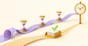 時計まで途切れず続く紫の道と砂時計、期限より手前で完了を示すチェック付きの書類を並べ、ある時点までの継続と期限までの完了の違いを表したイラスト。